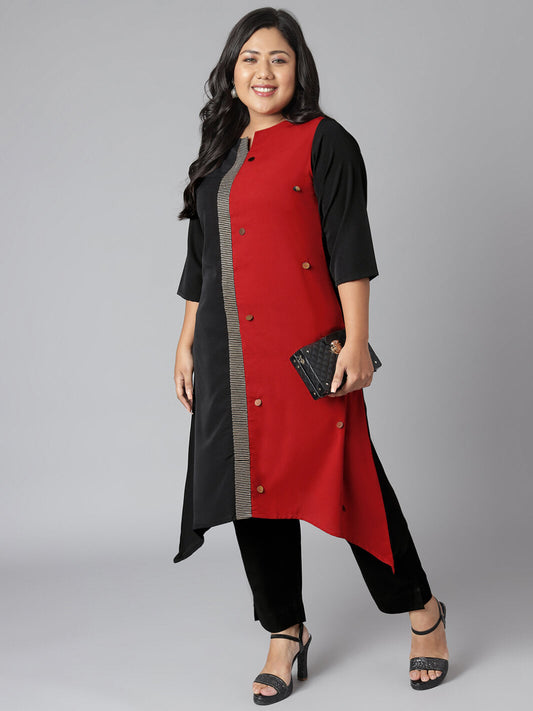 Plus Size Black Poly Crepe Colorblock Asymmetric Kurta