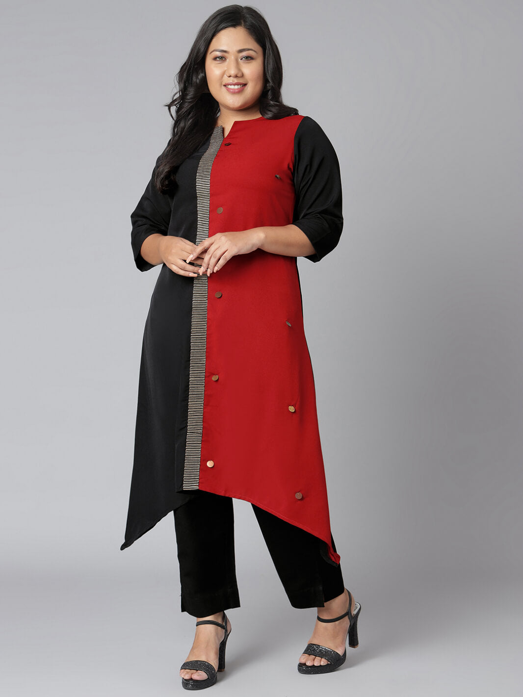 Plus Size Black Poly Crepe Colorblock Asymmetric Kurta