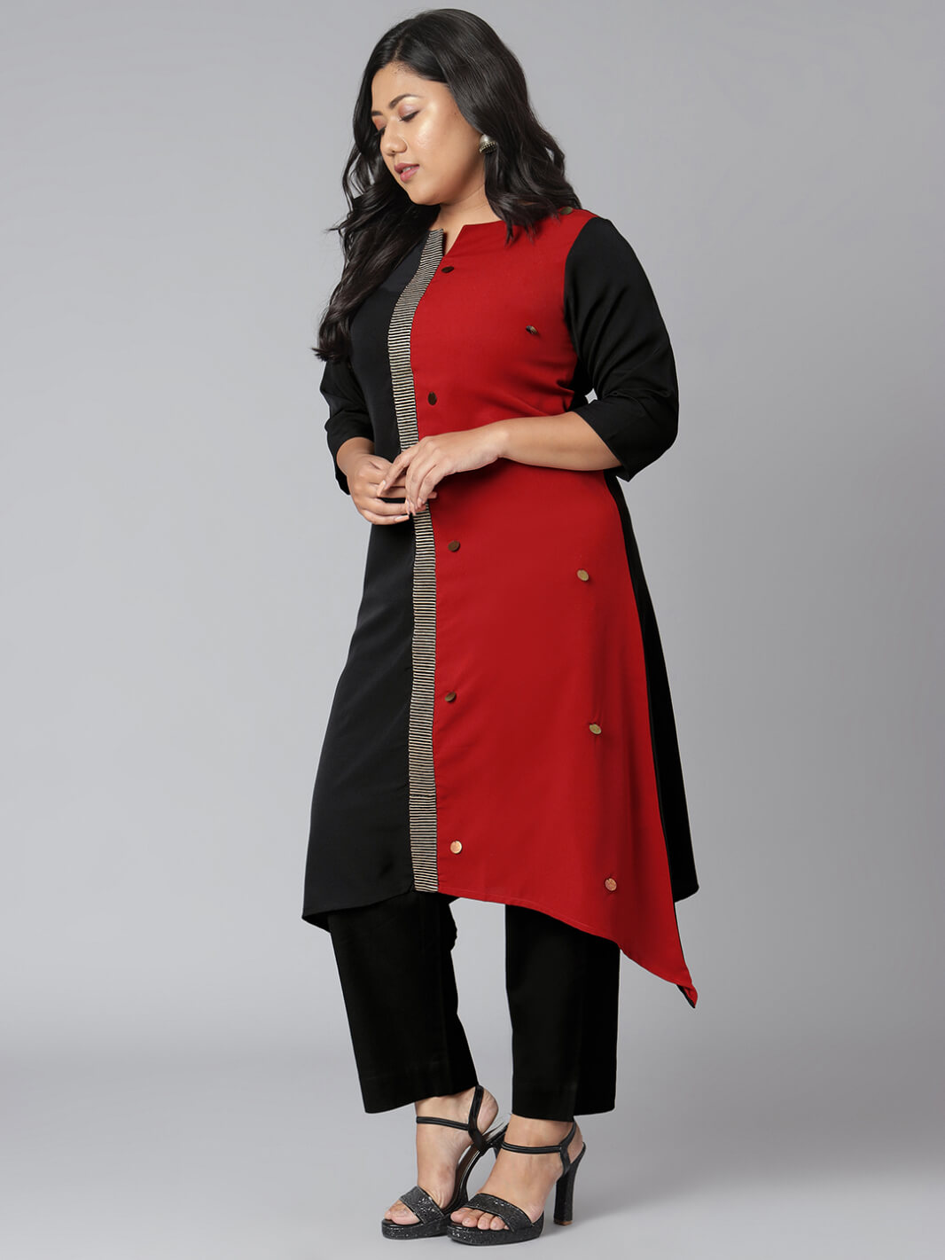 Plus Size Black Poly Crepe Colorblock Asymmetric Kurta
