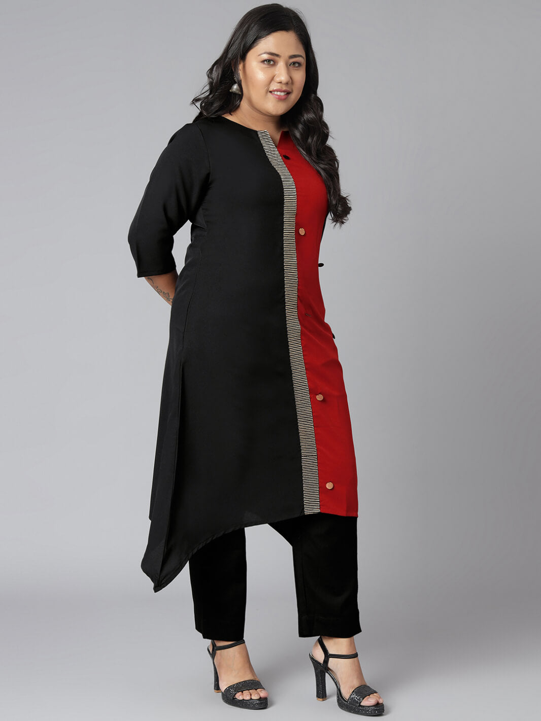 Plus Size Black Poly Crepe Colorblock Asymmetric Kurta