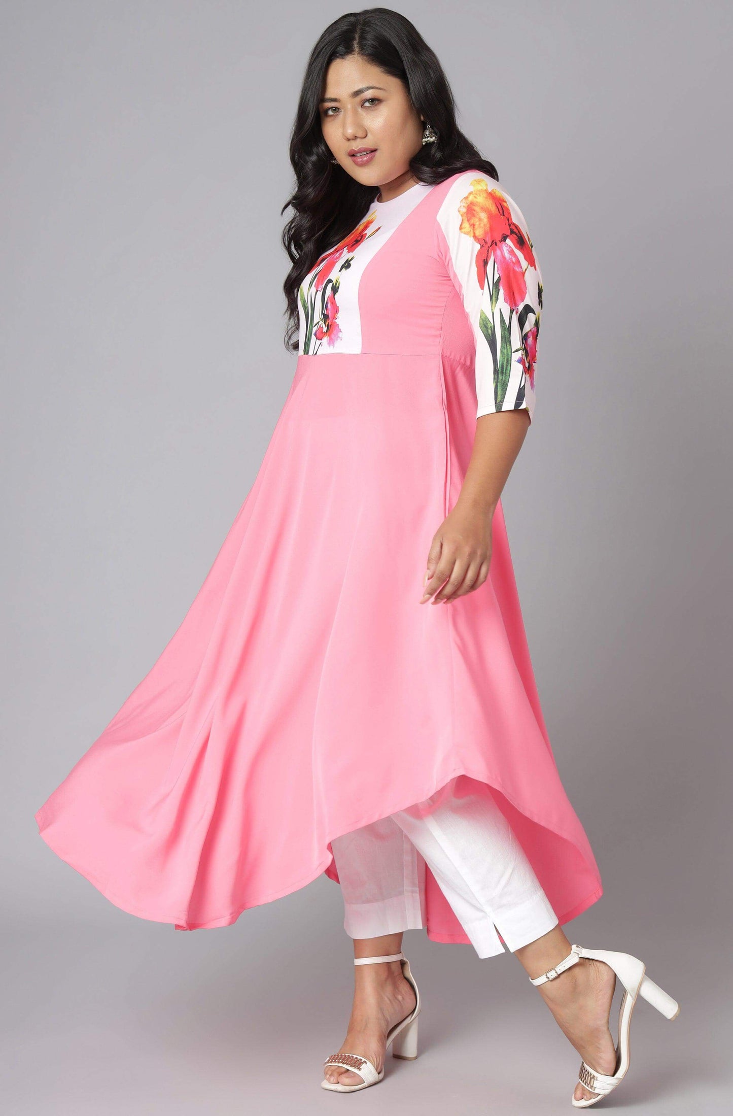 Plus Size Pink Poly Crepe Floral Print Flared Kurta