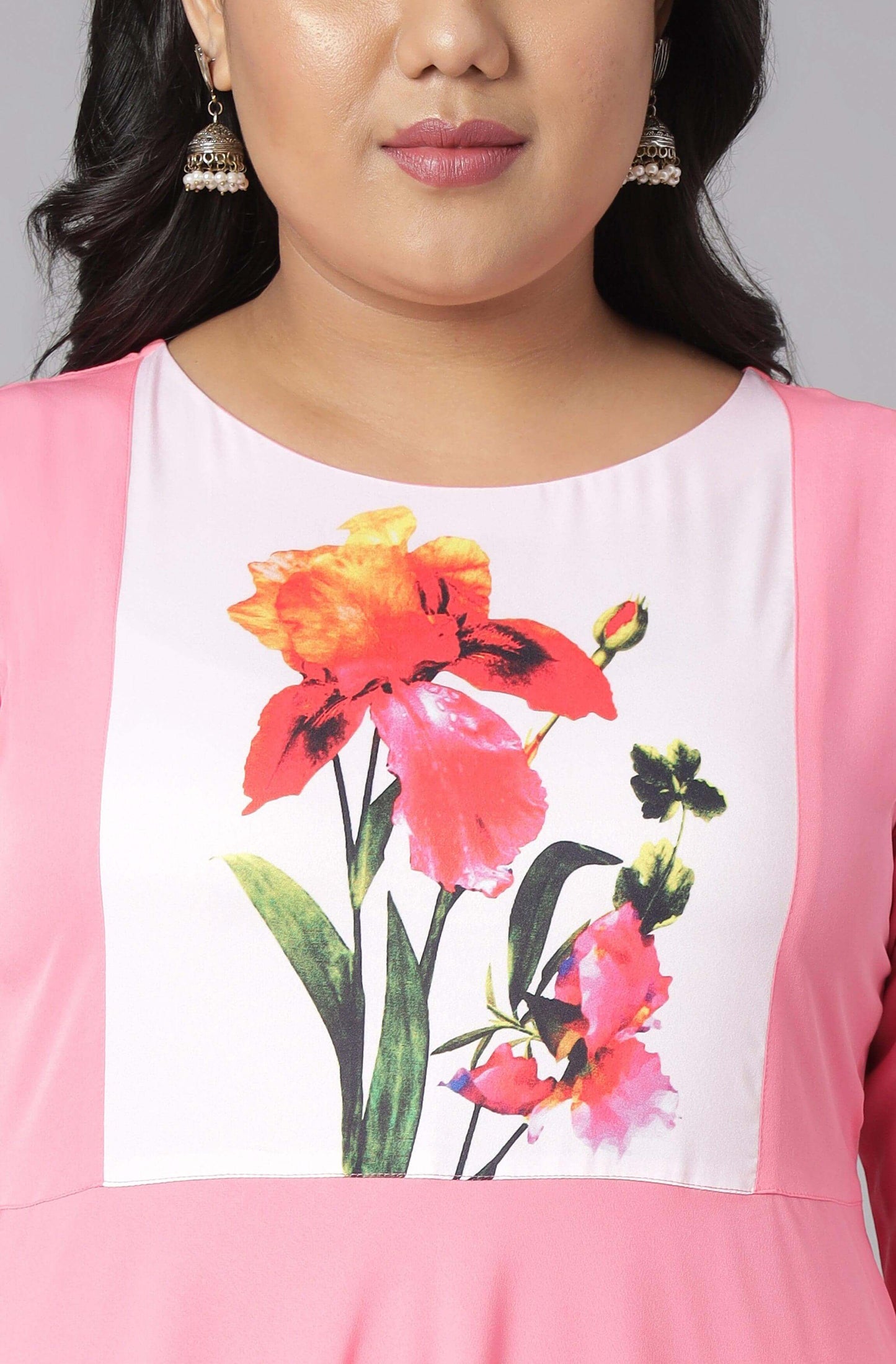 Plus Size Pink Poly Crepe Floral Print Flared Kurta