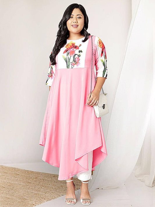 Plus Size Pink Poly Crepe Floral Print Flared Kurta