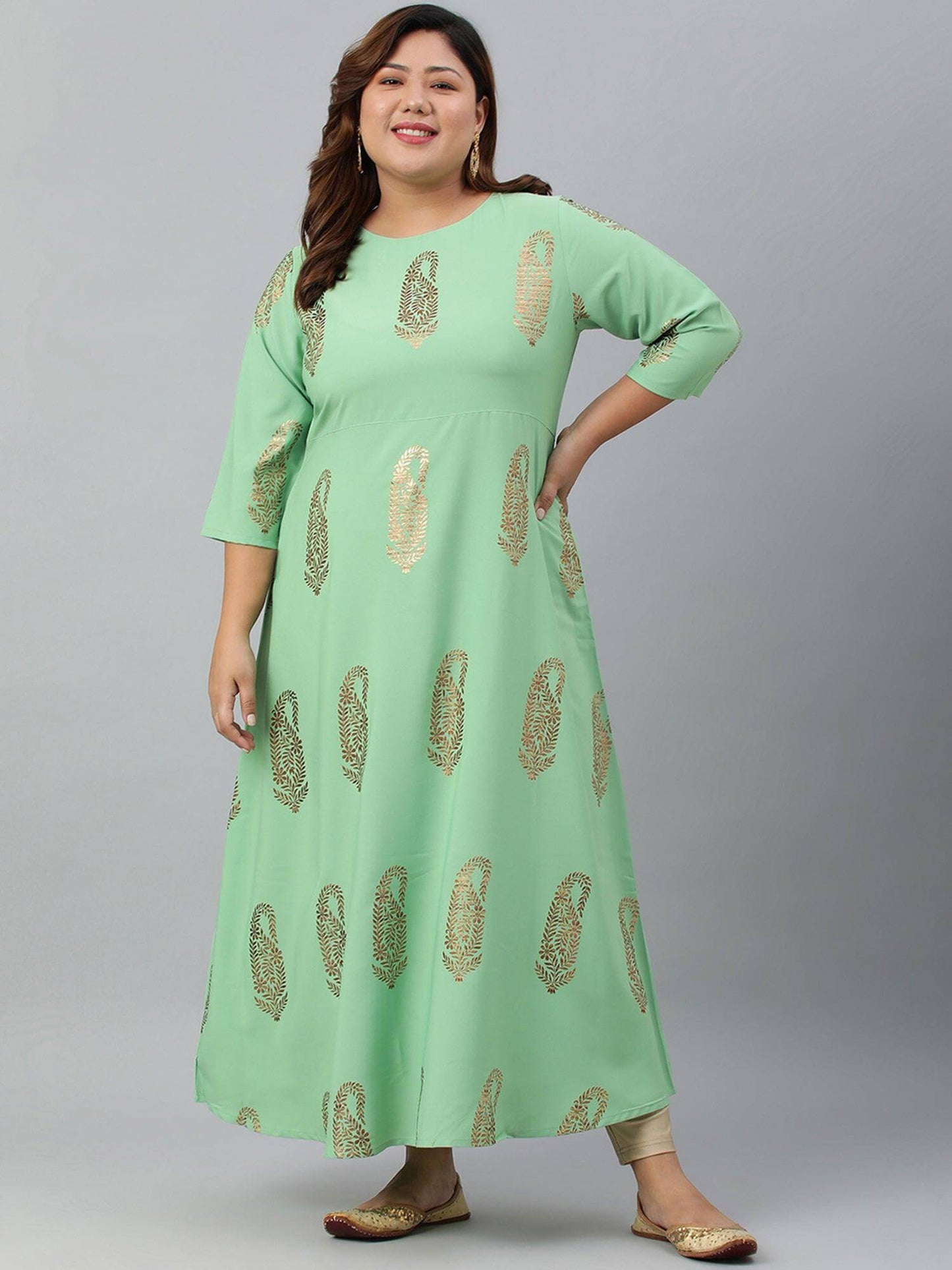 Plus Size Light Green Poly Crepe Gold Print A-line kurta