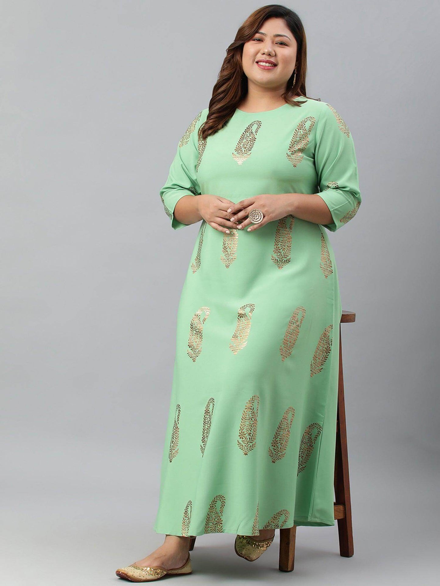 Plus Size Light Green Poly Crepe Gold Print A-line kurta