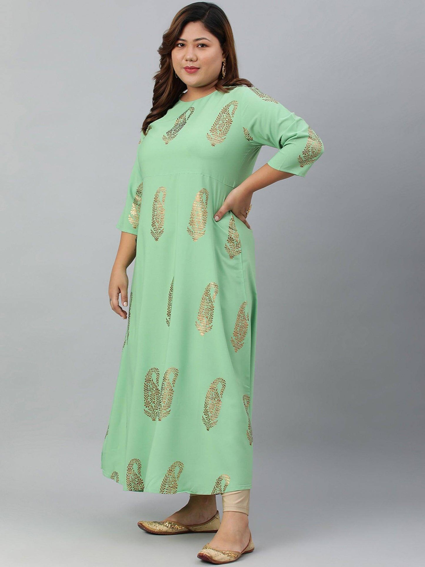 Plus Size Light Green Poly Crepe Gold Print A-line kurta