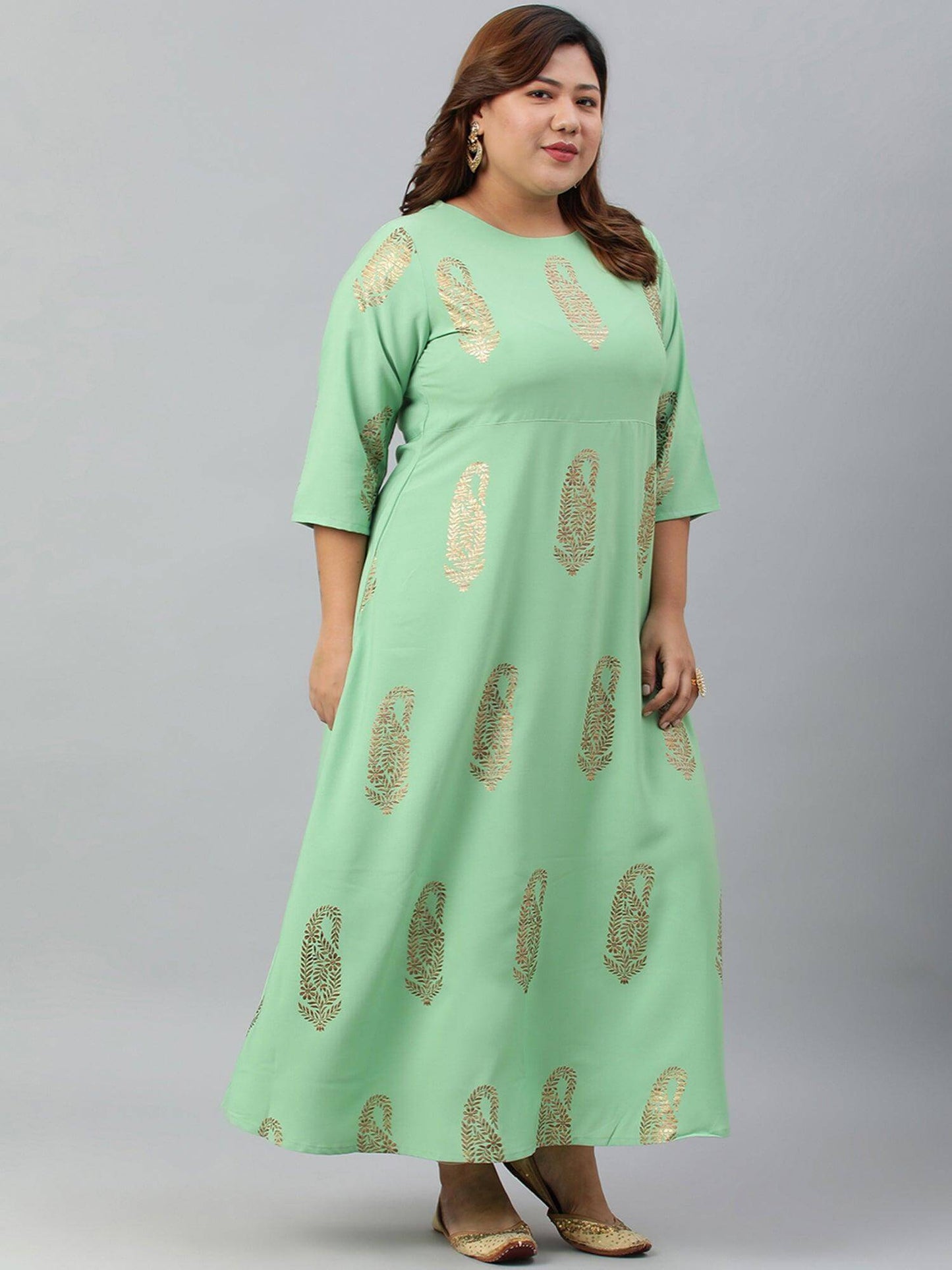 Plus Size Light Green Poly Crepe Gold Print A-line kurta