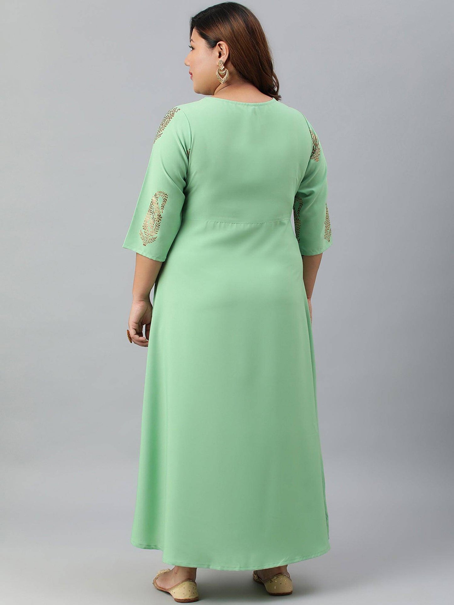 Plus Size Light Green Poly Crepe Gold Print A-line kurta