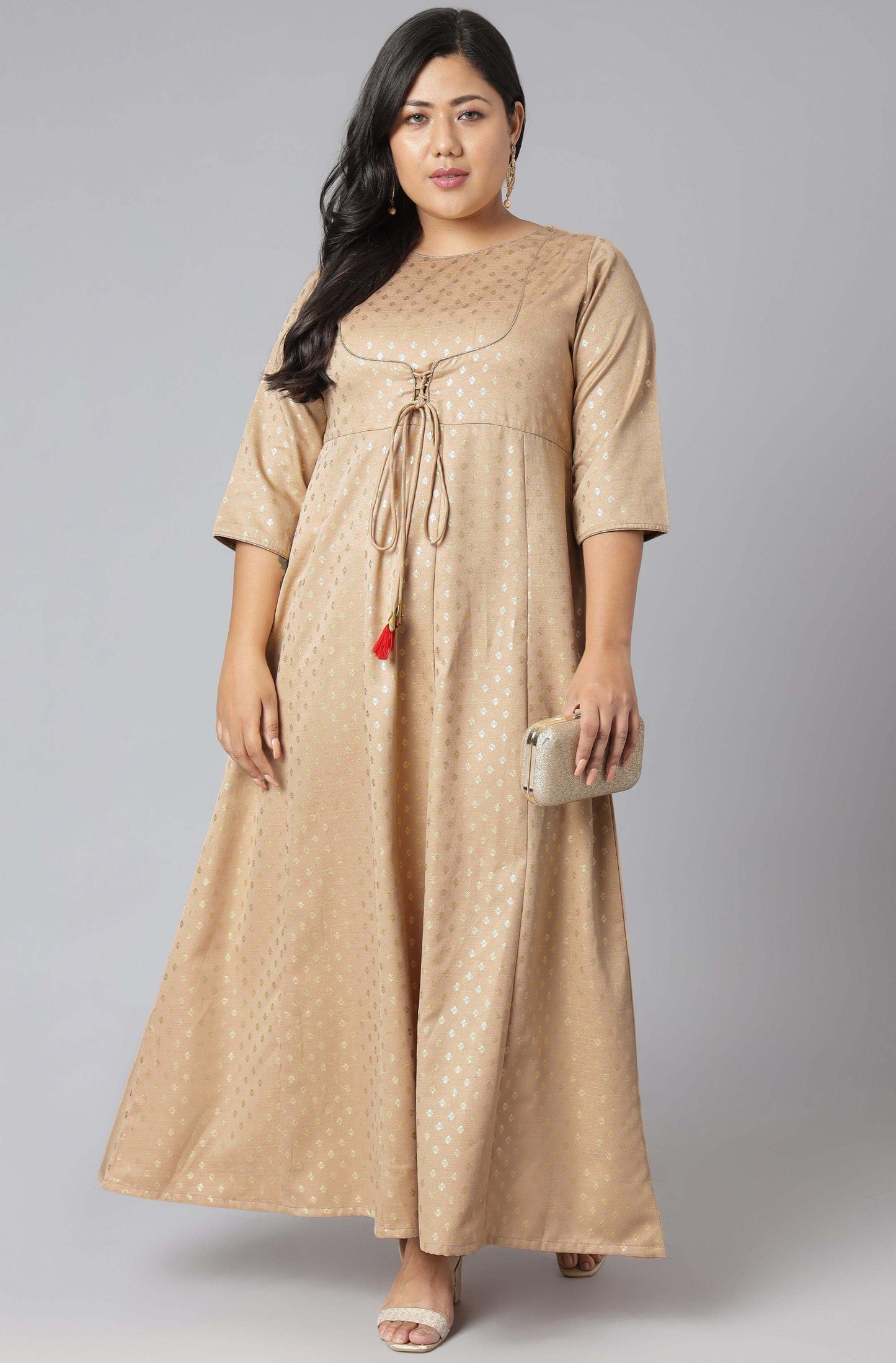 Plus Size Beige Poly Silk Foil Print Anarkali Kurta