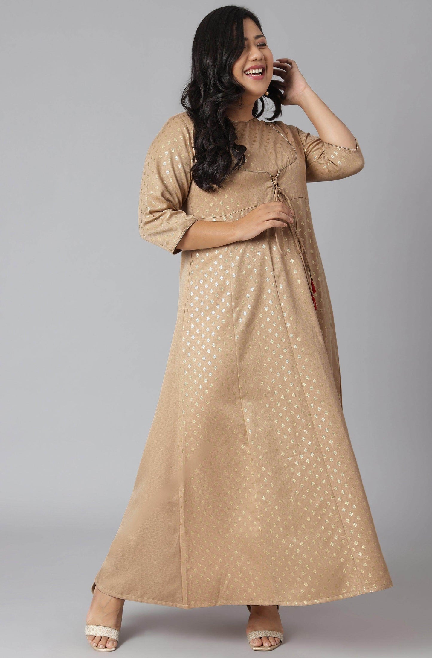 Plus Size Beige Poly Silk Foil Print Anarkali Kurta