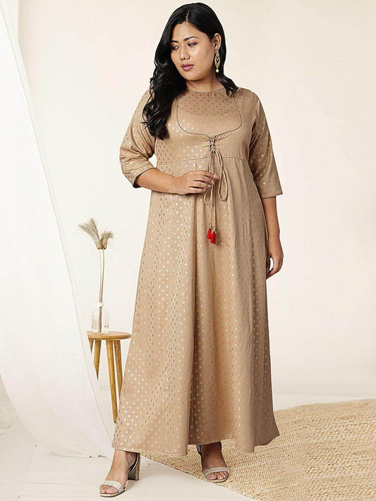 Plus Size Beige Poly Silk Foil Print Anarkali Kurta