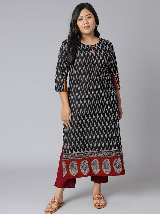 Plus Size Black Cotton Flex Ikat Straight Kurta