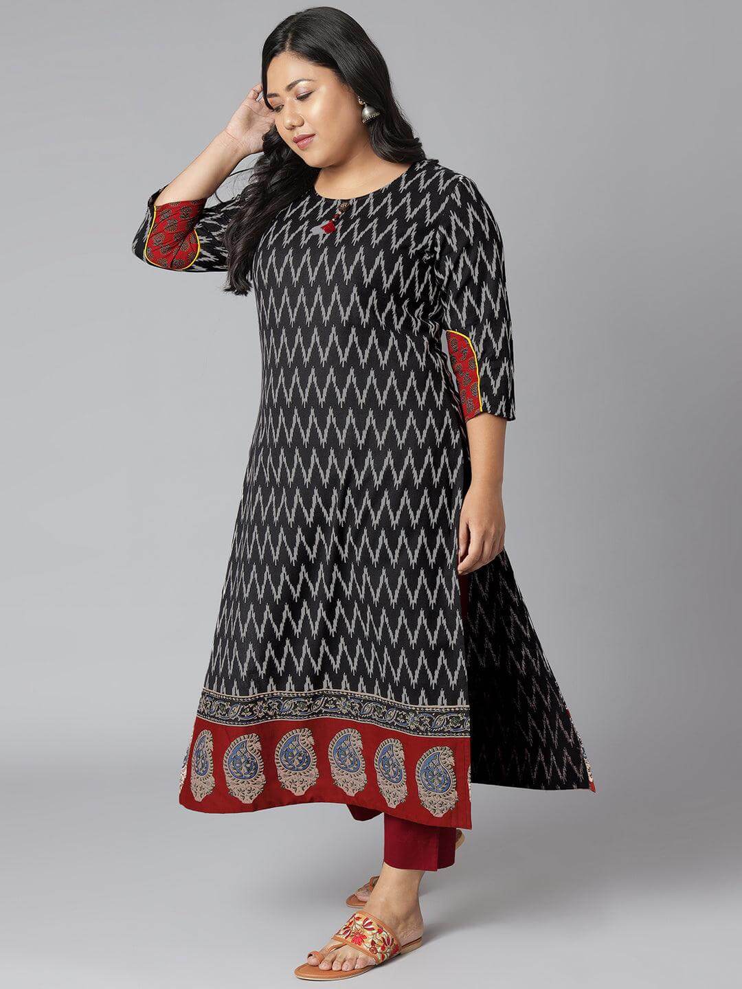 Plus Size Black Cotton Flex Ikat Straight Kurta