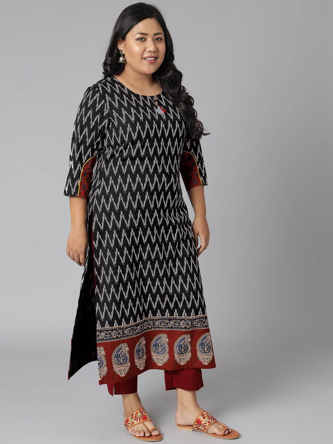 Plus Size Black Cotton Flex Ikat Straight Kurta