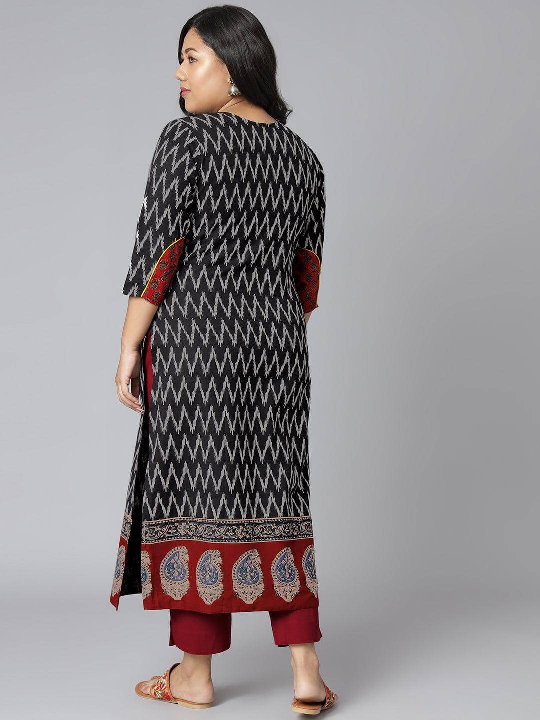 Plus Size Black Cotton Flex Ikat Straight Kurta