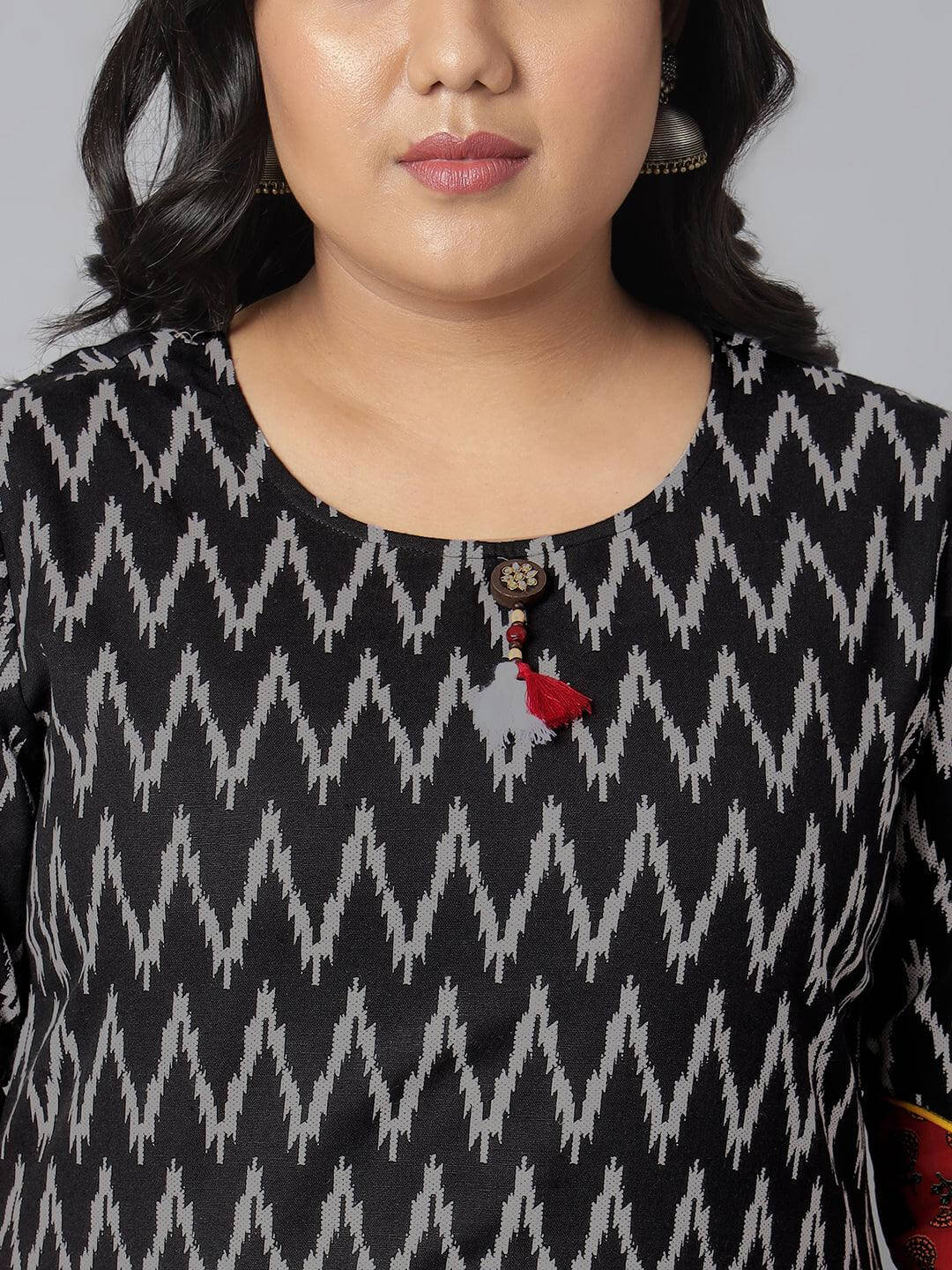 Plus Size Black Cotton Flex Ikat Straight Kurta