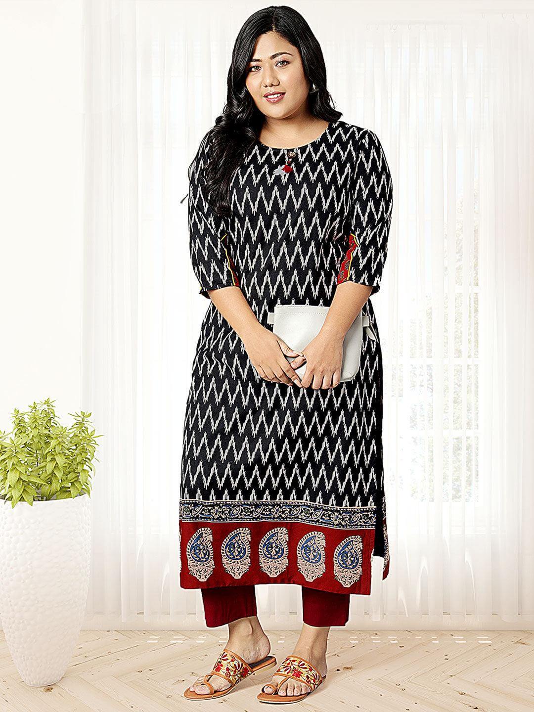 Plus Size Black Cotton Flex Ikat Straight Kurta