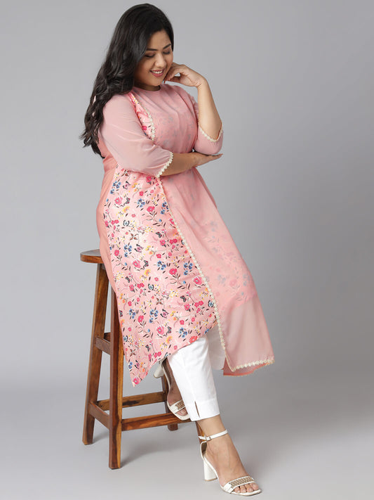 Plus Size Pink Poly Crepe Floral Print High Low Kurta