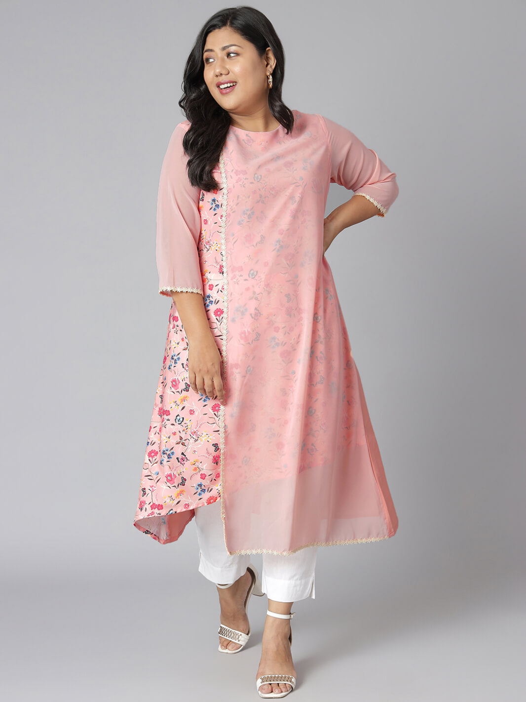 Plus Size Pink Poly Crepe Floral Print High Low Kurta