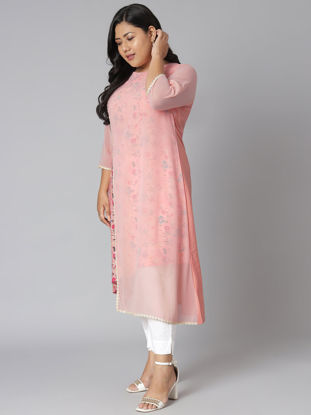 Plus Size Pink Poly Crepe Floral Print High Low Kurta