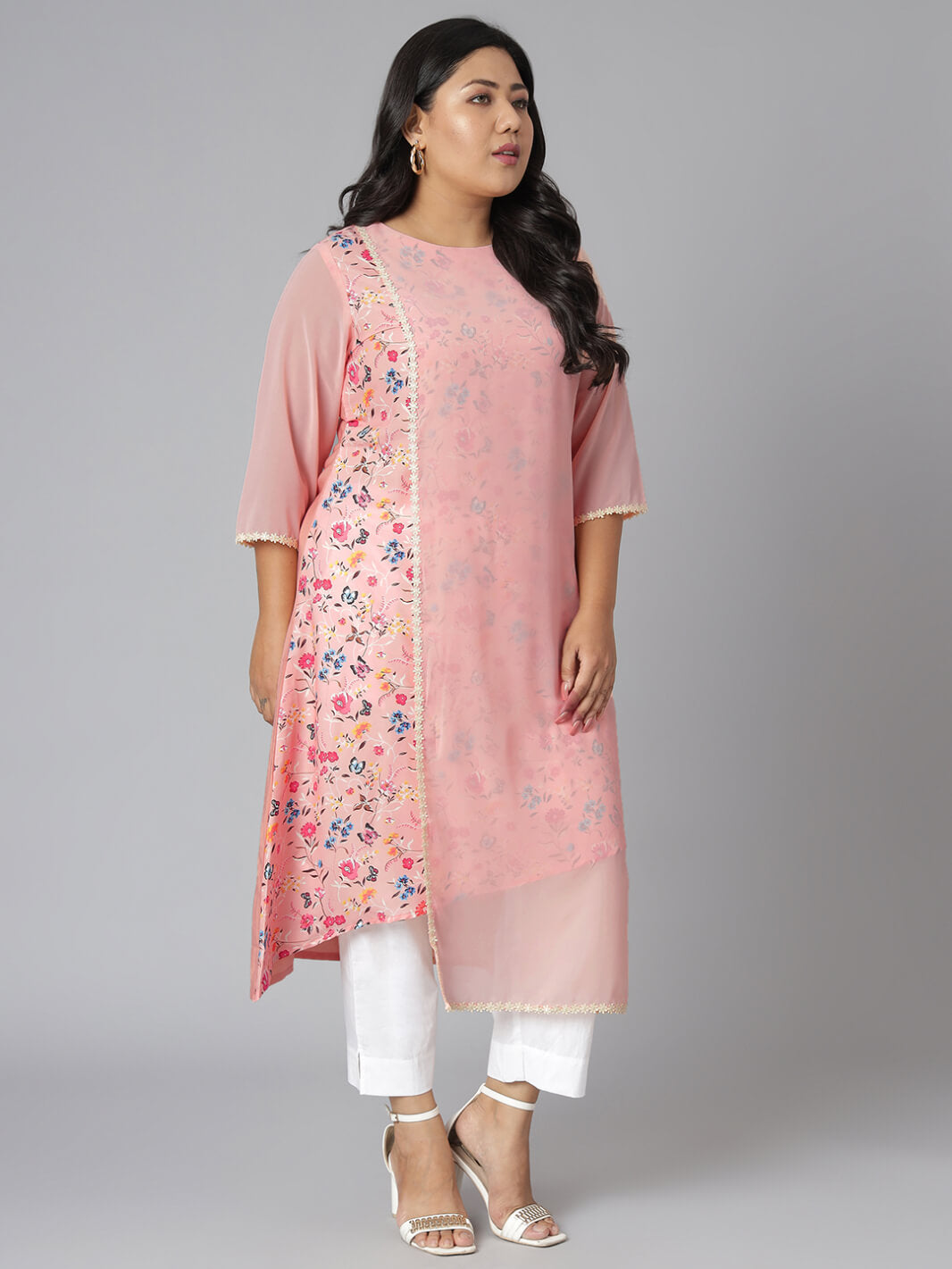 Plus Size Pink Poly Crepe Floral Print High Low Kurta