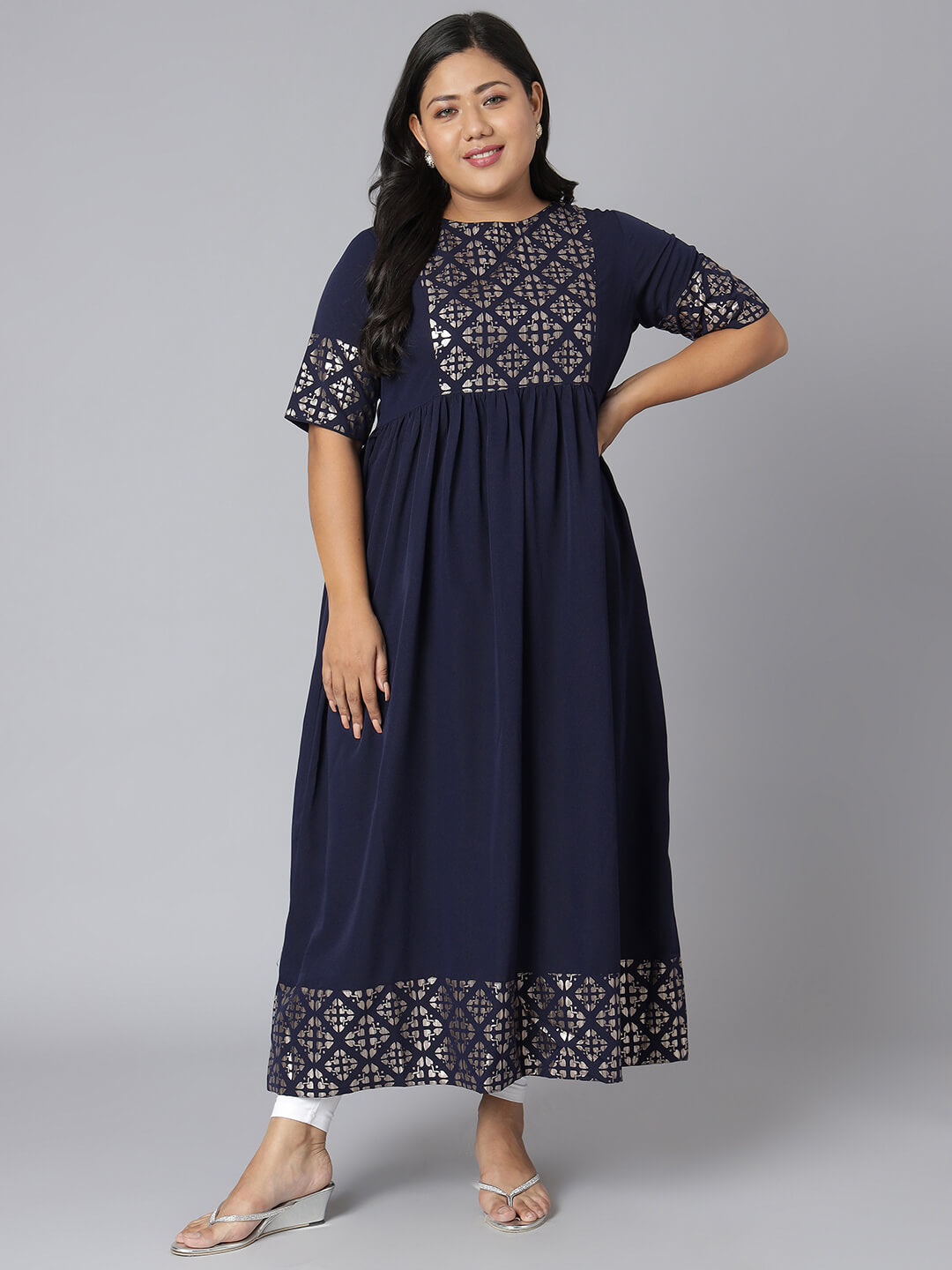 Plus Size Dark Blue Poly Crepe Foil Print Flared Kurta