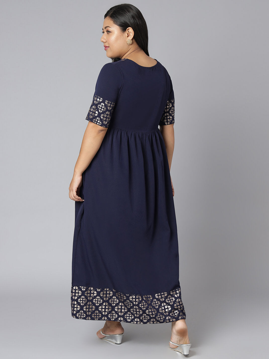 Plus Size Dark Blue Poly Crepe Foil Print Flared Kurta