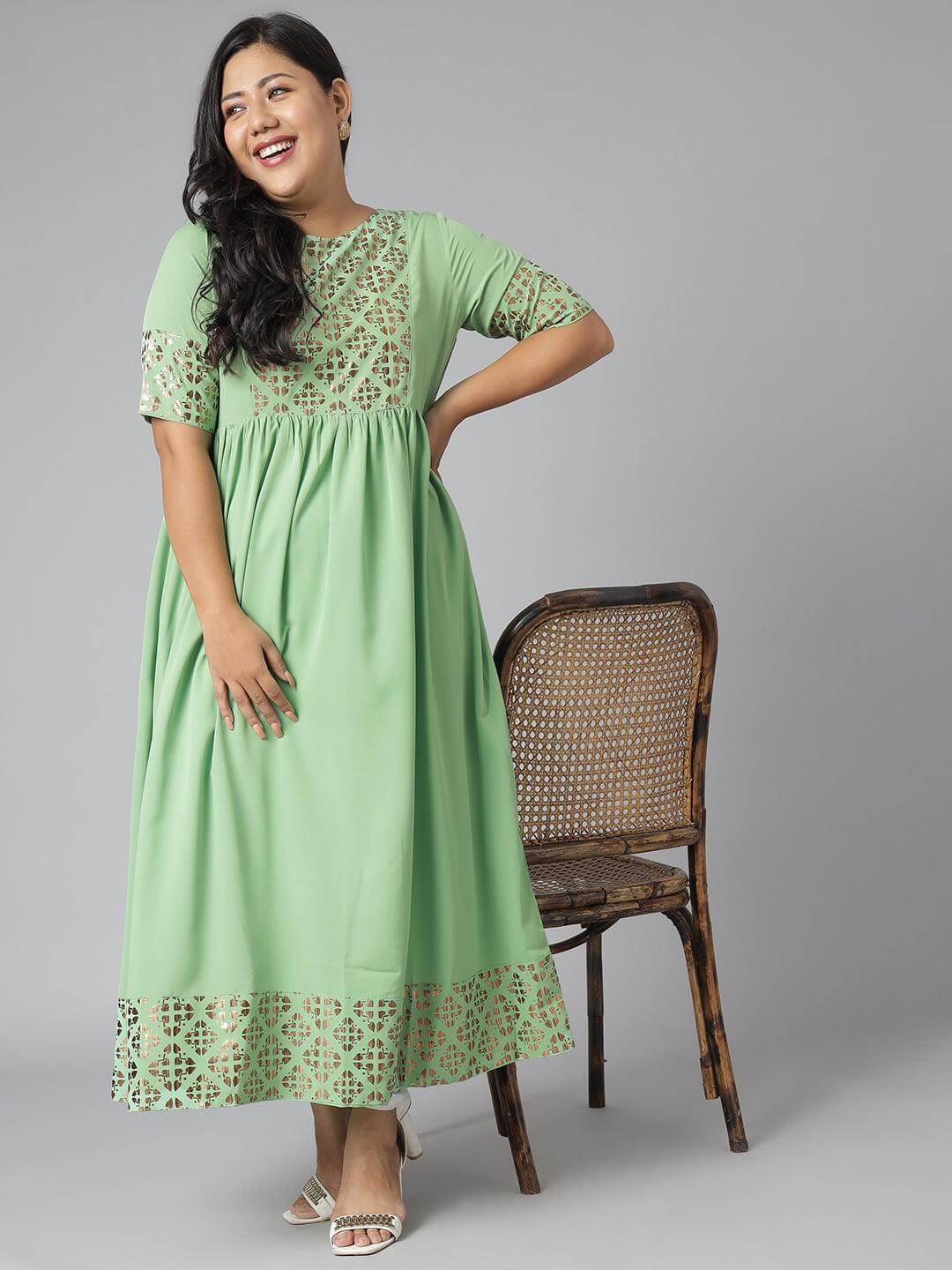 Plus Size Green Poly Crepe Foil Print Flared Kurta