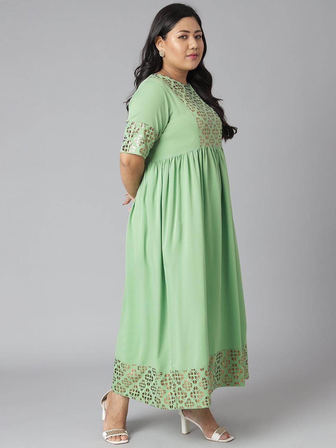 Plus Size Green Poly Crepe Foil Print Flared Kurta