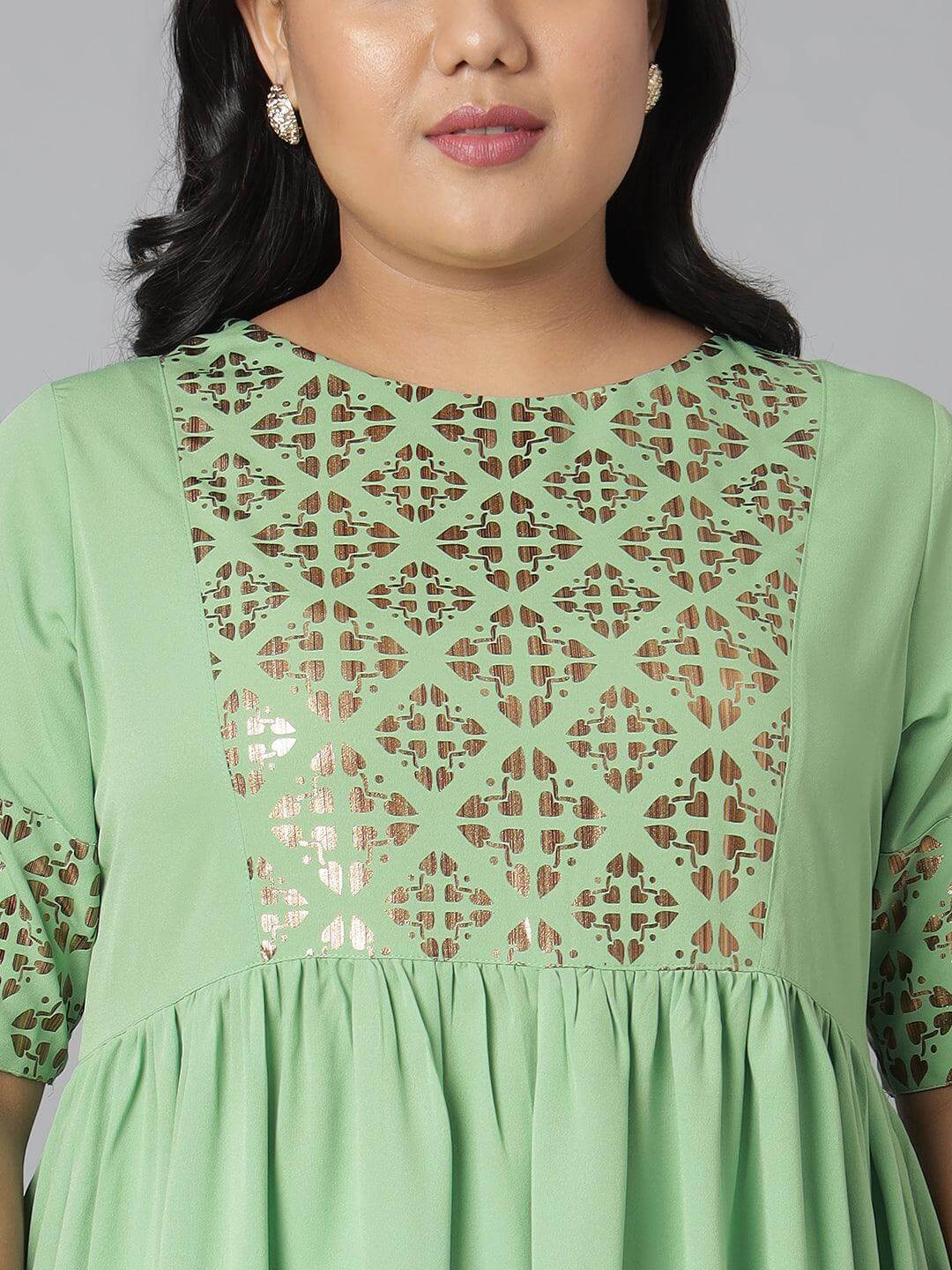 Plus Size Green Poly Crepe Foil Print Flared Kurta