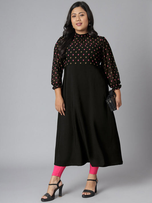 Plus Size Black Poly Crepe Polka Print A-line Kurta