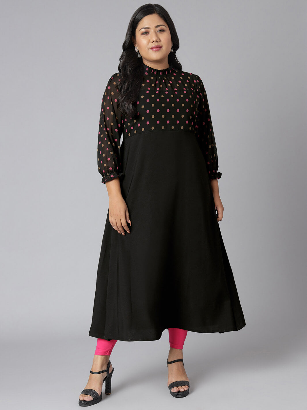 Plus Size Black Poly Crepe Polka Print A-line Kurta