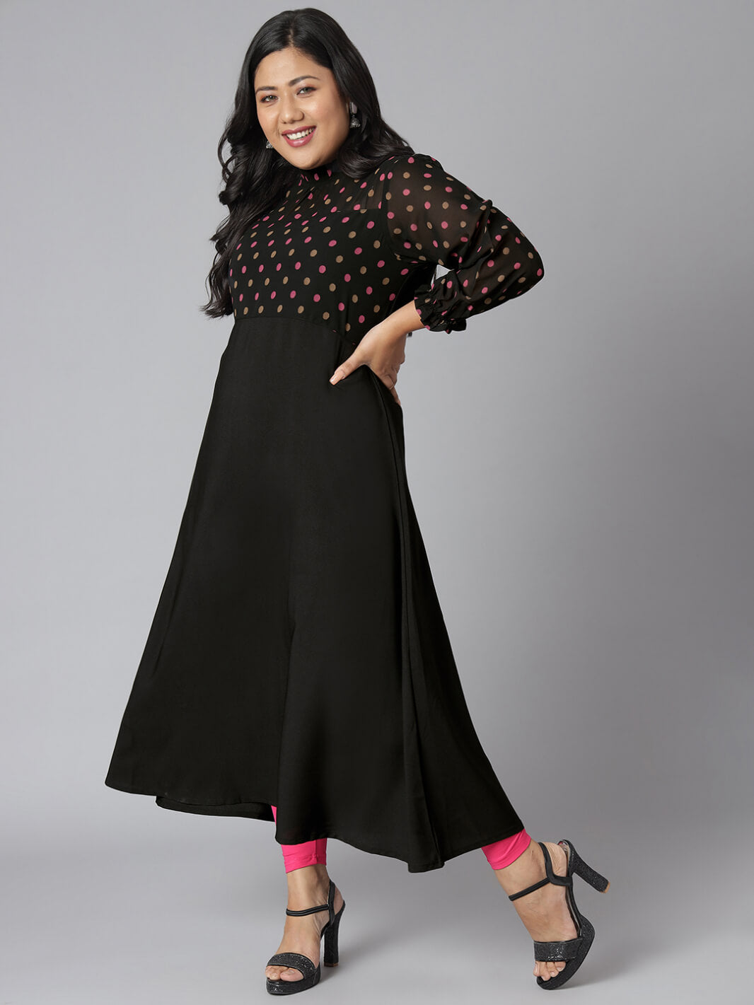 Plus Size Black Poly Crepe Polka Print A-line Kurta