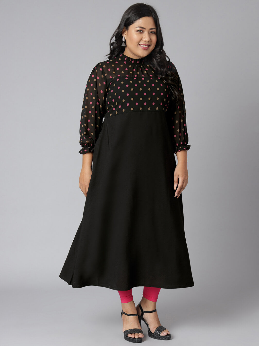 Plus Size Black Poly Crepe Polka Print A-line Kurta