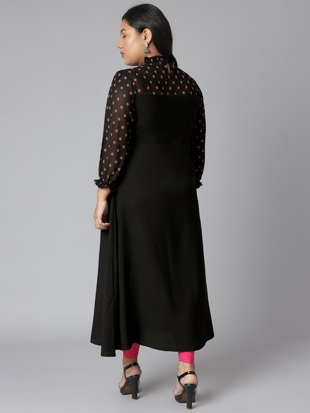 Plus Size Black Poly Crepe Polka Print A-line Kurta