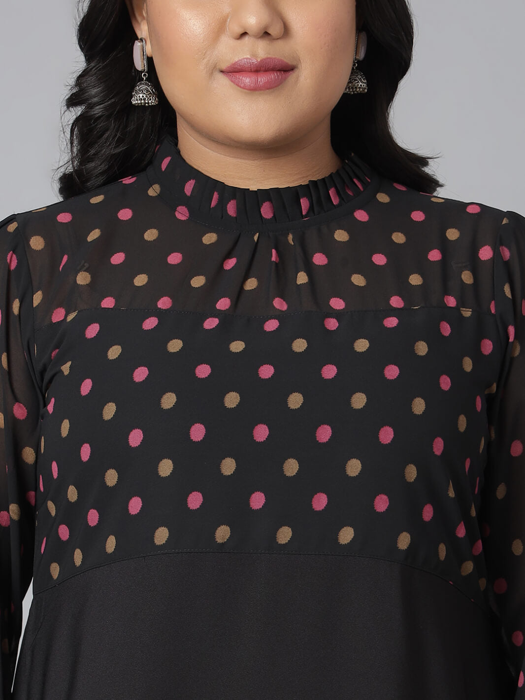 Plus Size Black Poly Crepe Polka Print A-line Kurta