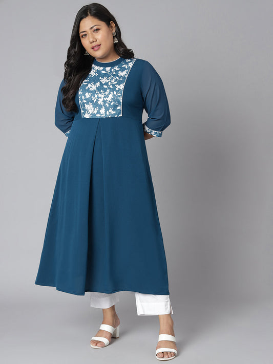 Plus Size Teal Poly Crepe Floral Print A-line Kurta