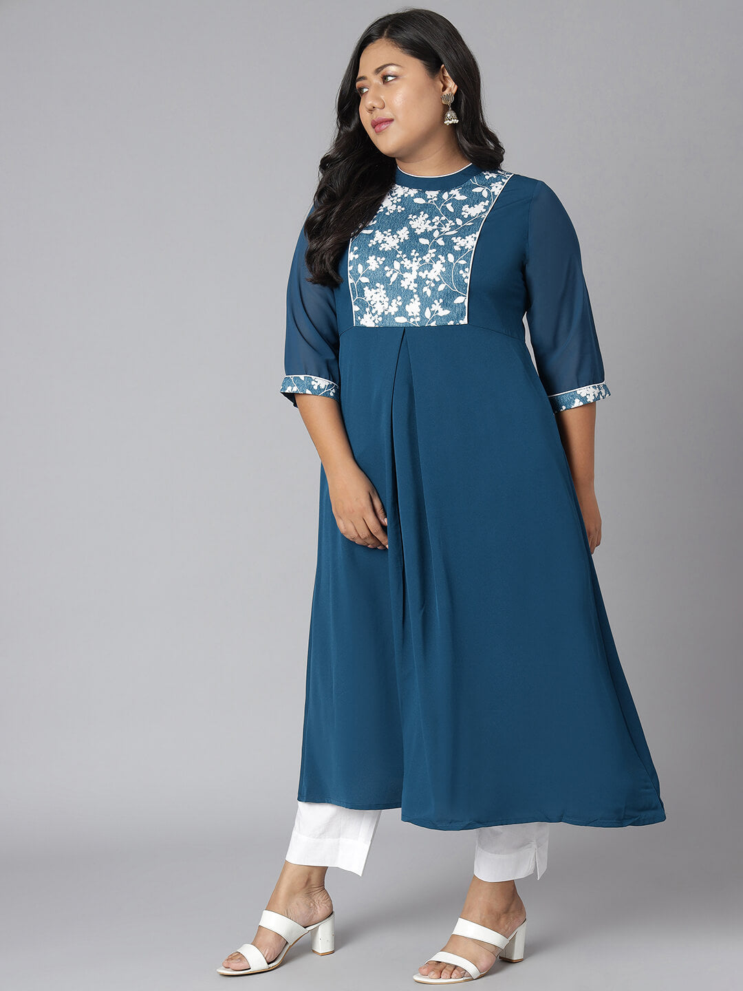 Plus Size Teal Poly Crepe Floral Print A-line Kurta