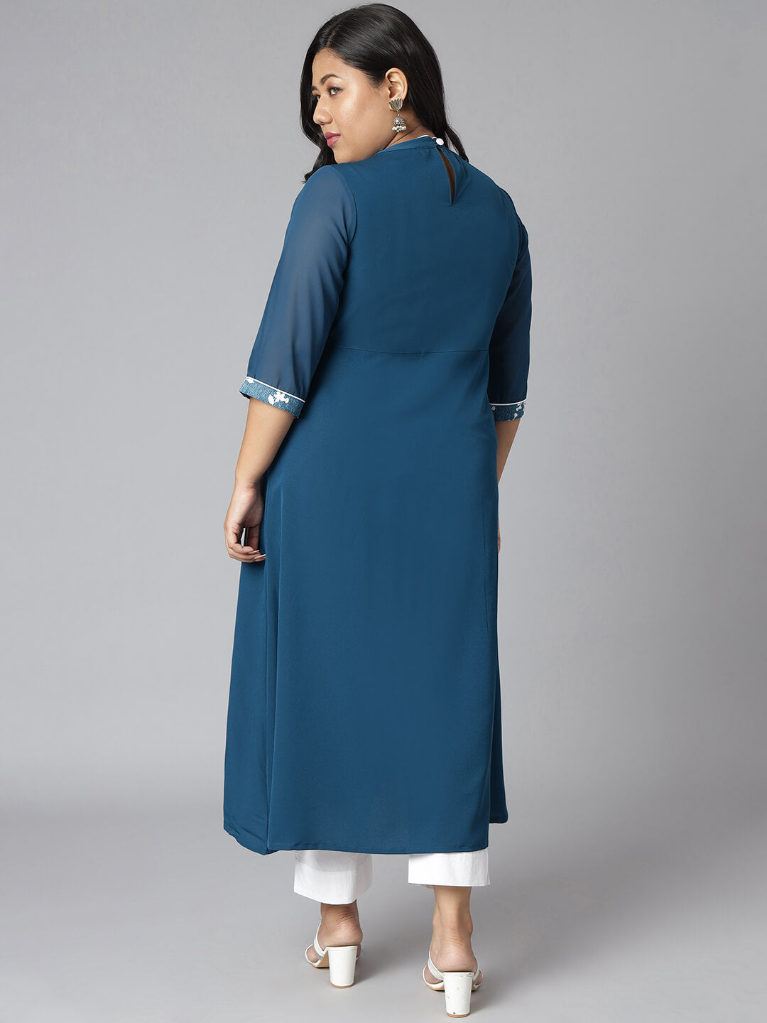 Plus Size Teal Poly Crepe Floral Print A-line Kurta