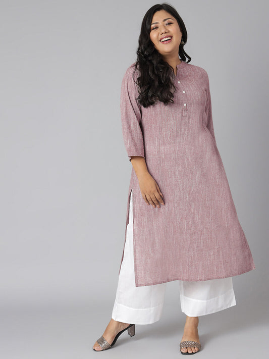 Plus Size Mauve Cotton Slub Solid Straight Kurta