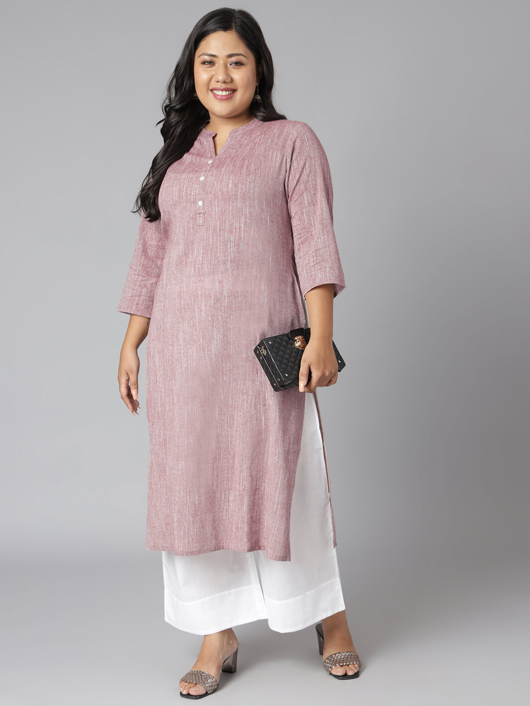 Plus Size Mauve Cotton Slub Solid Straight Kurta