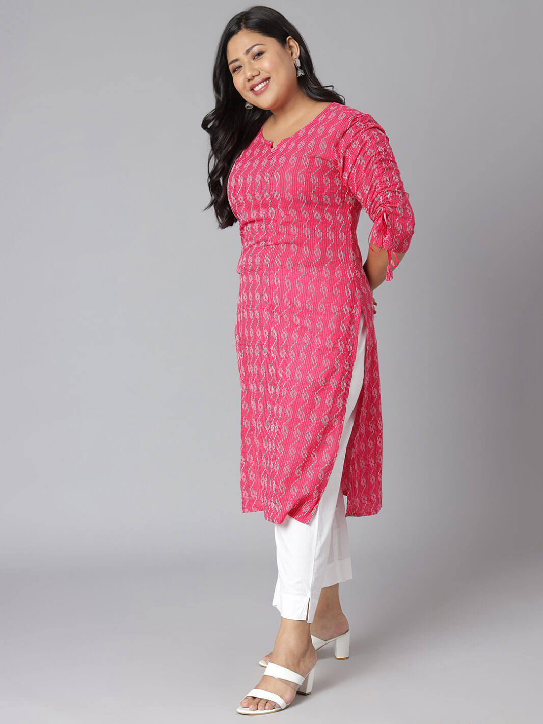 Plus Size Pink Cotton Woven Design Straight Kurta