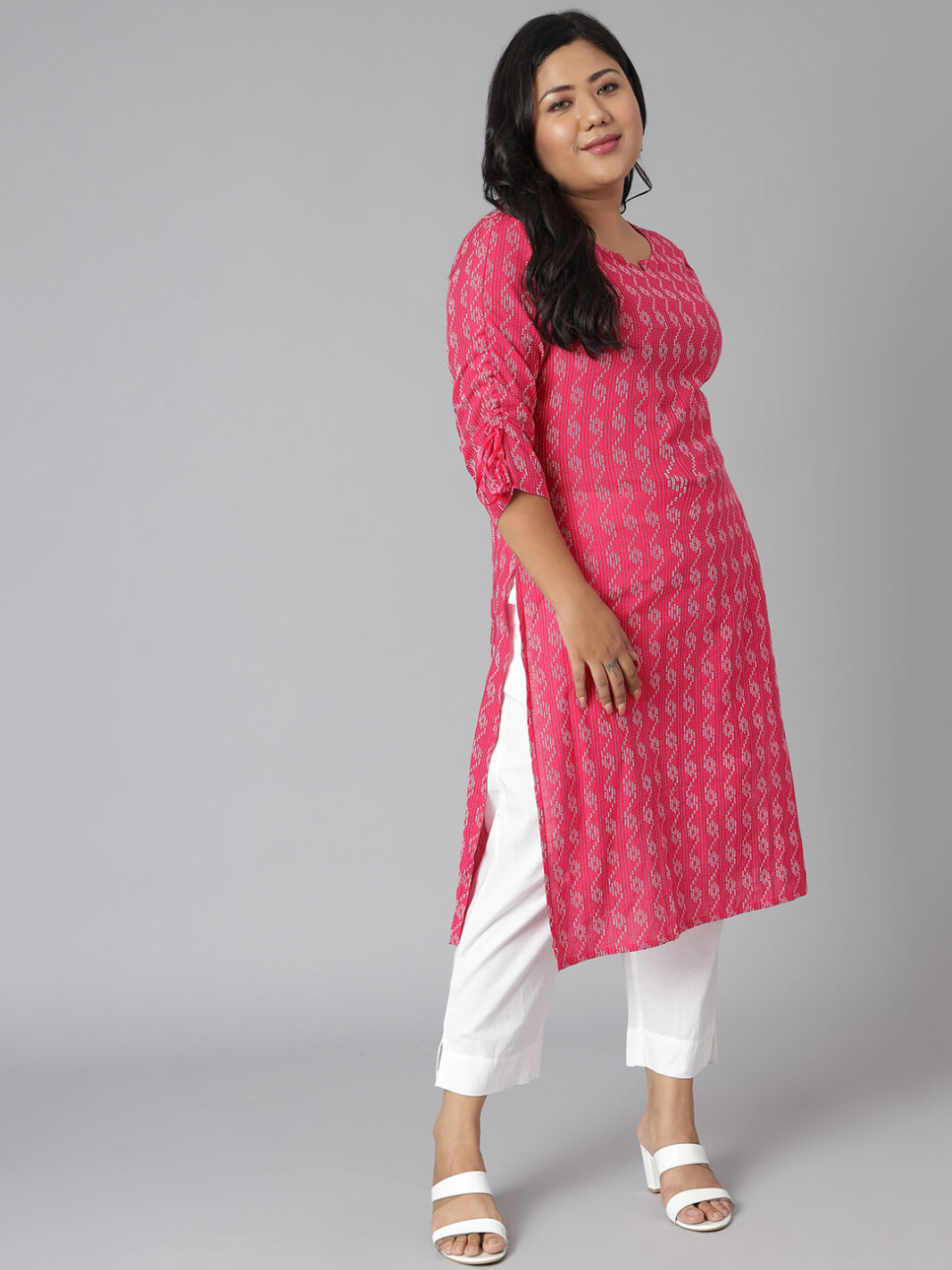 Plus Size Pink Cotton Woven Design Straight Kurta