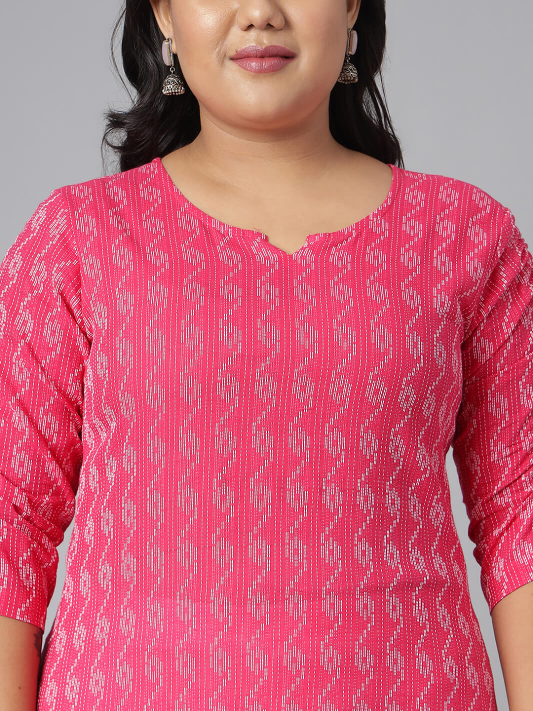 Plus Size Pink Cotton Woven Design Straight Kurta