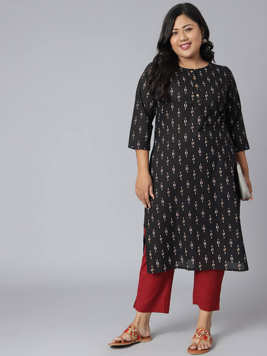 Plus Size Black Cotton Ikat Straight Kurta