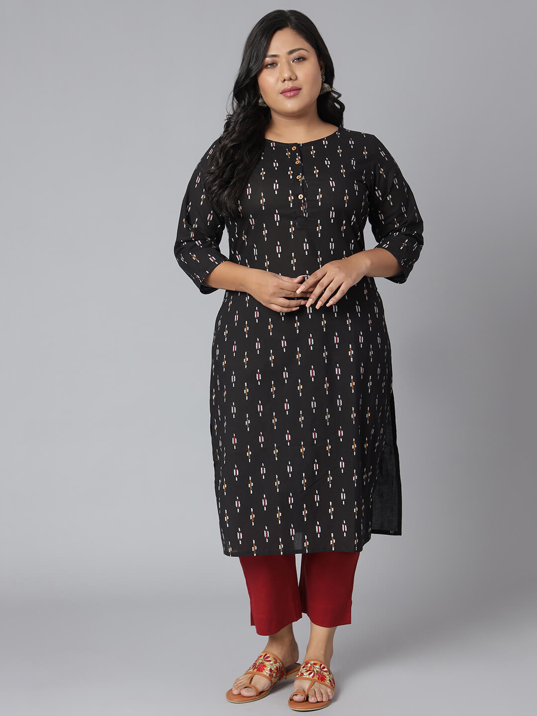 Plus Size Black Cotton Ikat Straight Kurta