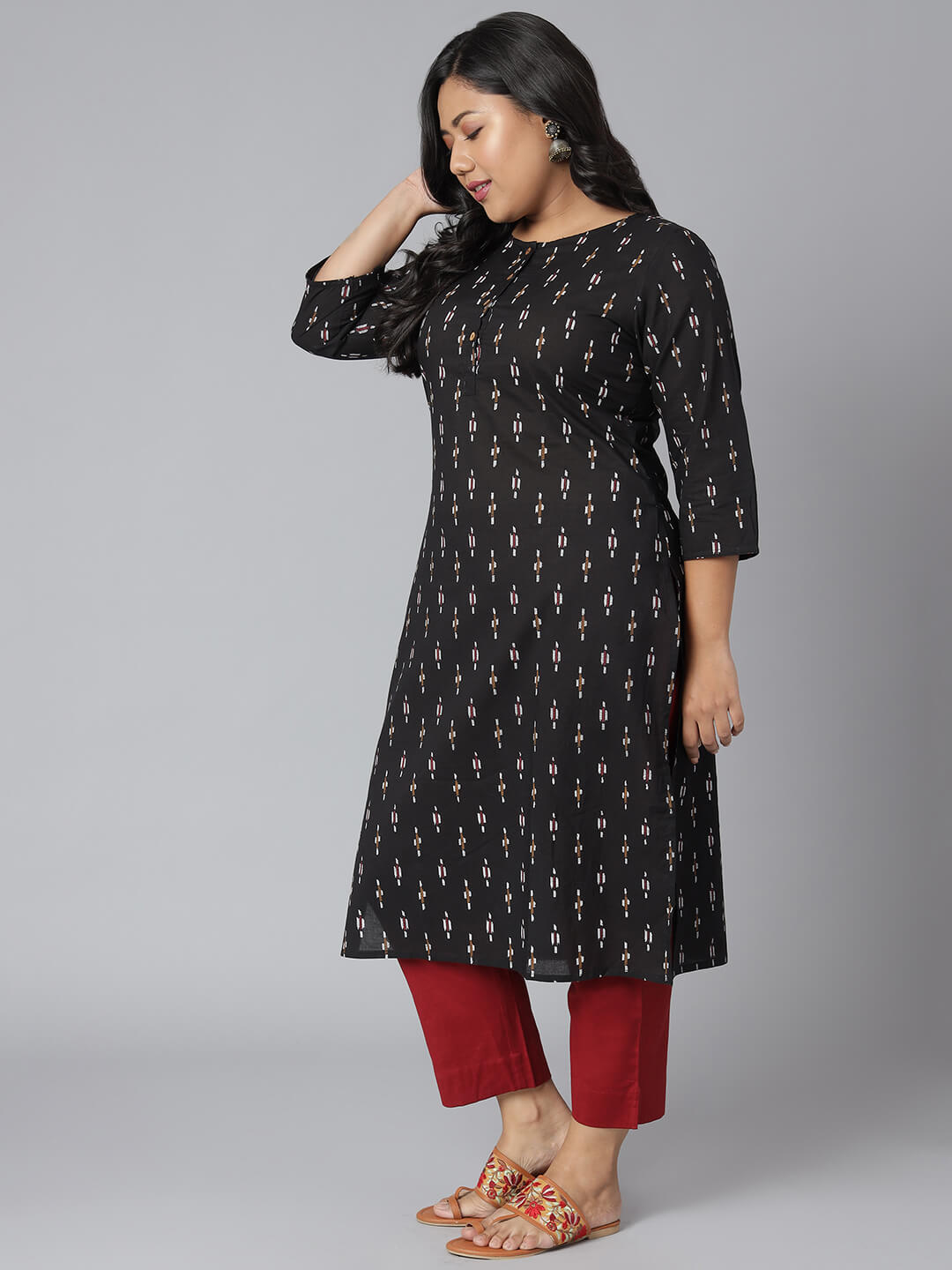 Plus Size Black Cotton Ikat Straight Kurta