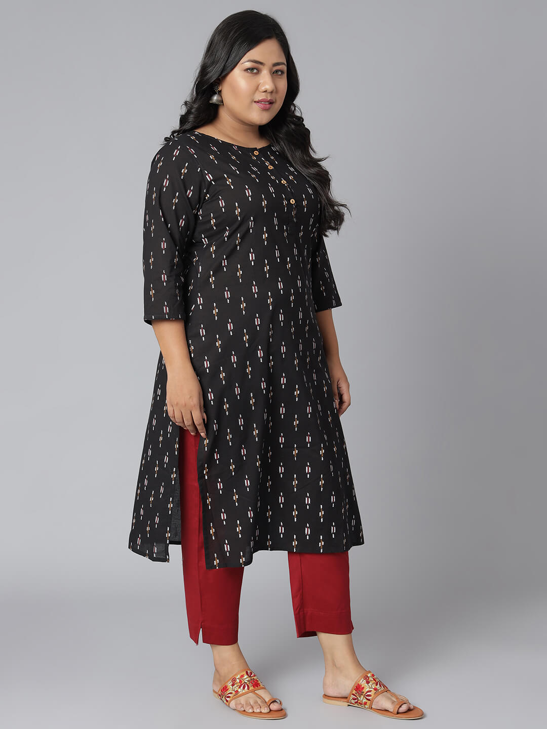 Plus Size Black Cotton Ikat Straight Kurta