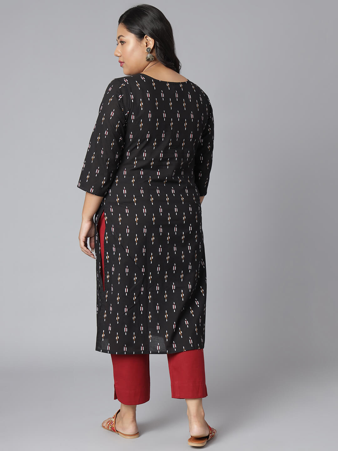 Plus Size Black Cotton Ikat Straight Kurta