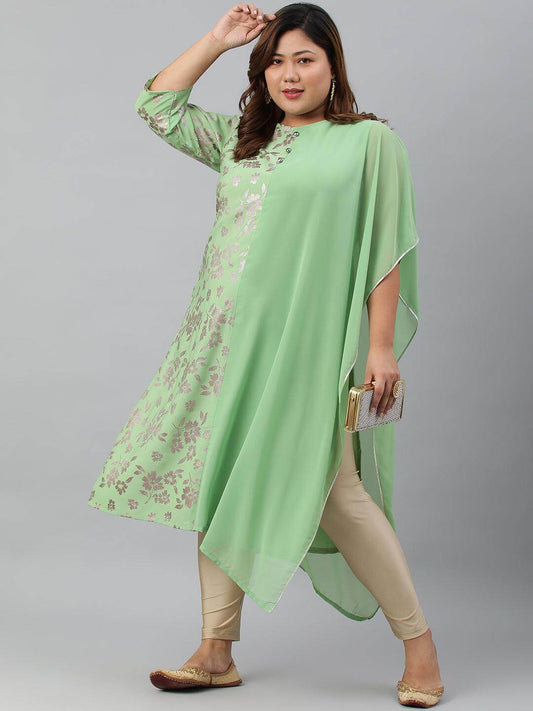 Plus Size Light Green Poly Crepe Foil Print Straight kurta